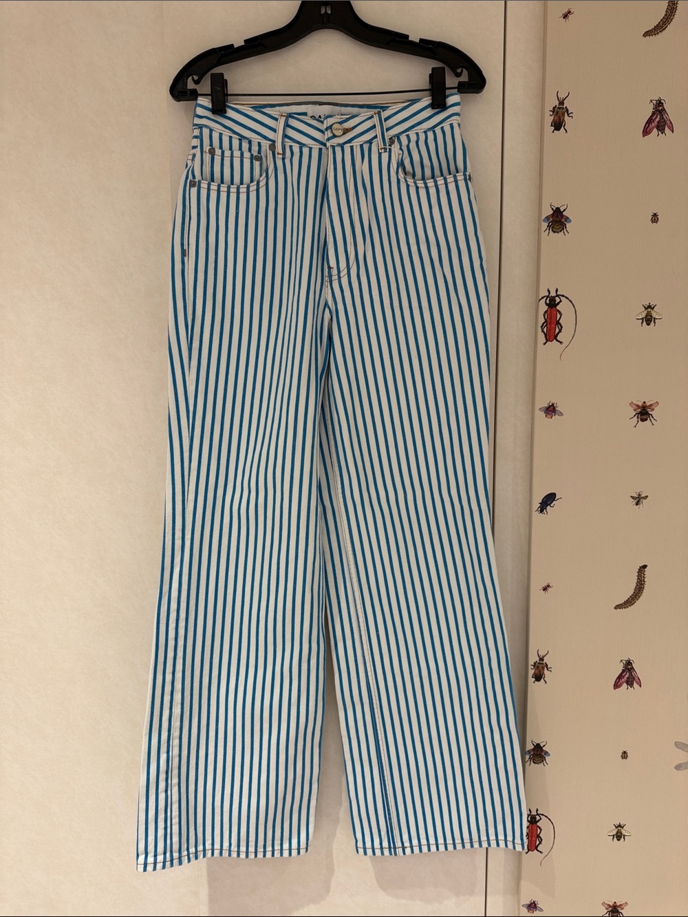 Ganni Blue and White Vertical-Striped Wide-Leg Jeans
